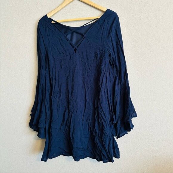 Loveriche Navy Bell Sleeve Criss-Cross Cutout Back Fairytale Dress Sz Small - Picture 3 of 12